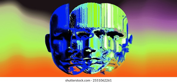 Vector illustration features a stylized, glitch-art-inspired depiction of overlapping human faces in purple and green tones, set against a vibrant gradient background with digital distortion effect.