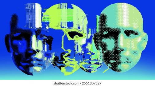 Ilustración vectorial presenta una representación estilizada inspirada en el arte glitch de rostros humanos superpuestos en tonos azules y verdes, colocados sobre un fondo vibrante degradado con efecto de distorsión digital.