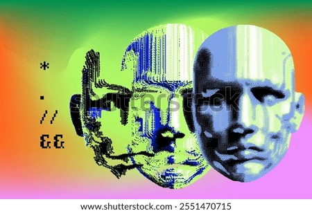 Vector illustration features a stylized, glitch-art-inspired depiction of overlapping human faces set against a vibrant gradient background with digital distortion effect.