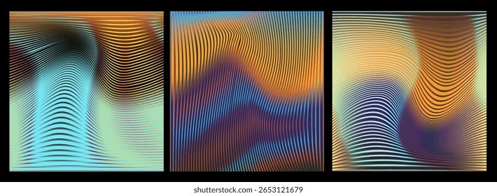 Vector illustration features three panels with wavy, flowing lines in vibrant colors like red, orange, blue, and yellow, set against a gradient background. Abstract futuristic digital aesthetic.