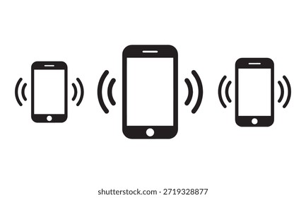 Una Ilustración vectorial presenta tres contornos de teléfonos inteligentes dispuestos horizontalmente sobre un fondo blanco. El teléfono central aparece más Grande que los dos Pequeños teléfonos a cada lado. Las líneas de señal onduladas irradian desde cada dispositivo, lo que indica la comunicación inalámbrica, la conectividad de red y la transferencia de datos entre los dispositivos móviles. El icono representa un concepto de sincronización digital o uso compartido a través de una red móvil.
