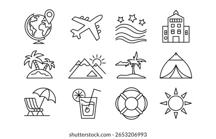 A vector illustration features travel-related icons globe with pin, airplane, hotel, stars, palm tree, mountain, tent, drink, lifebuoy and sun in black and white color.