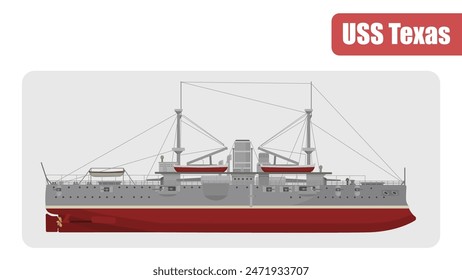 Vector illustration features the USS Texas, a historical American battleship 19th century. Flat design, detailed side view, ideal for naval history projects, military research, educational content