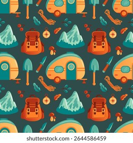 vector illustration features a vibrant camping-themed pattern with elements like colorful trailers, backpacks, mountains, tools, and nature motifs. Perfect for outdoor and adventure-inspired designs.