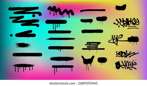 Ilustración vectorial presenta una vibrante colección de graffiti con trazos de pintura en aerosol negro sobre un fondo degradado de neón colorido (rosa, azul, amarillo), que refleja un tema de arte urbano.