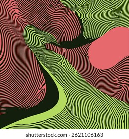 Vector illustration features vibrant green and pink wavy lines forming an abstract, flowing pattern on a black background, creating a dynamic sense of movement and energy.