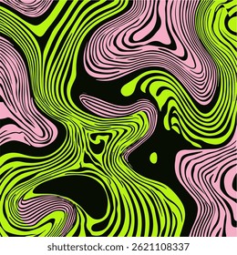 Vector illustration features vibrant green and pink wavy lines forming an abstract, flowing pattern on a black background, creating a dynamic sense of movement and energy.
