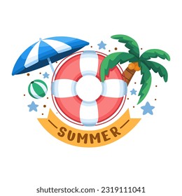 Vector illustration features a vibrant summer design with a colorful swimming ring. 
Summer time cartoon illustration.
Perfect for banner, greeting card, postcard, web, etc