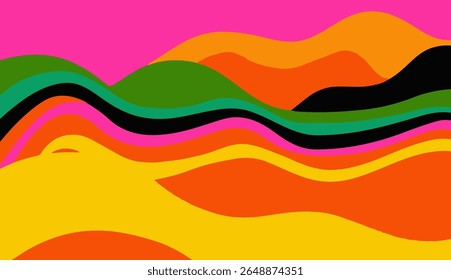 A ilustração vetorial apresenta formas abstratas vibrantes e onduladas em amarelo, rosa, laranja, verde e preto. O estilo pop-art e retrô popular com curvas em negrito e cores de alto contraste está atualizado.