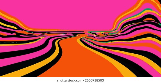 A ilustração vetorial apresenta formas abstratas vibrantes e onduladas em amarelo, rosa, laranja, verde e preto. O estilo pop-art e retrô popular com curvas em negrito e cores de alto contraste está atualizado.