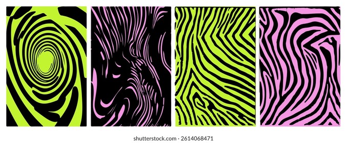 Vector illustration features vibrant zebra patterns in black, pink, and neon green colors, arranged in four square sections, creating a bold and modern design with a playful abstract touch.