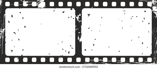 Una Ilustración vectorial presenta una tira de película desgastada vintage con dos marcos vacíos, perfecto para agregar Fotos o gráficos. Este gráfico es ideal para proyectos creativos y diseños de temática retro.