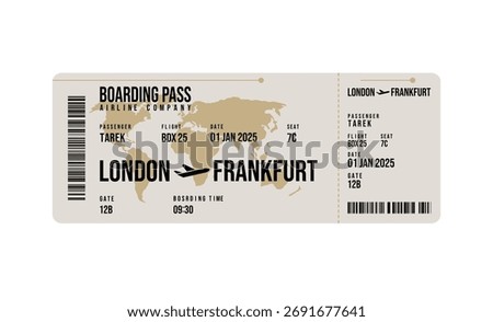 Vector illustration features a vintage-style boarding pass from London to Frankfurt with flight BDX25, passenger Tarek, and gate 12B isolated on white.