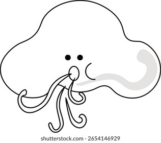 Vector illustration features a whimsical cartoon-style cloud character blowing wind, depicted with a gentle face, expressive eyes, and swirling gust lines. It is ideal for weather-themed design