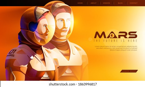 Vector illustration featuring 2 martian astronauts in confidence standing together and ready for the greatest mission on mars