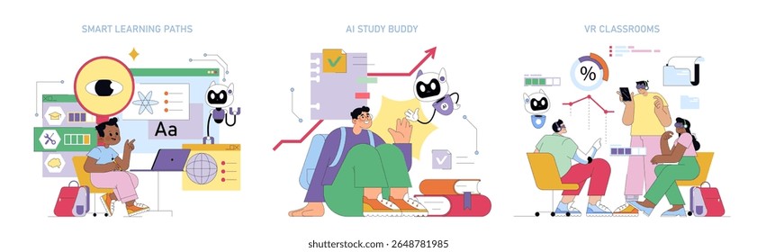 Vector illustration featuring AI-enhanced learning tools like smart learning paths, AI study buddies, and VR classrooms. Students interact with digital interfaces, showcasing diverse learning methods.