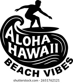 Ilustração vetorial com Aloha Hawaii Beach Vibes com um homem surfando no oceano. Perfeito para impressões de camisetas de verão, produtos com temática tropical, cartazes de praia e projetos de marca havaianos.