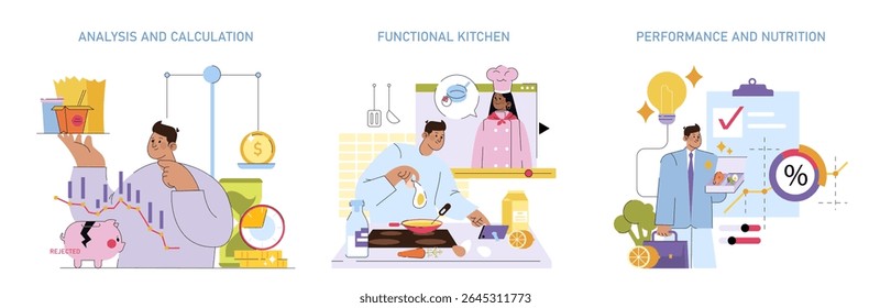 Vector illustration featuring analysis of food choices, cooking process with virtual chef guidance, and a businessperson evaluating nutrition and performance metrics.
