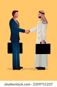 Vektorgrafik mit einem arabischen Geschäftsmann, der einen kräftigen Händedruck an den Tag legt. Symbolisiert den wachsenden Trend von Investitionen aus muslimischen Ländern und arabischen Investoren, die globale Chancen erkunden