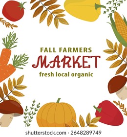 Vector illustration featuring an autumn farmers market theme with fresh organic produce like pumpkins, carrots, and corn. Vibrant fall leaves enhance the seasonal feel.