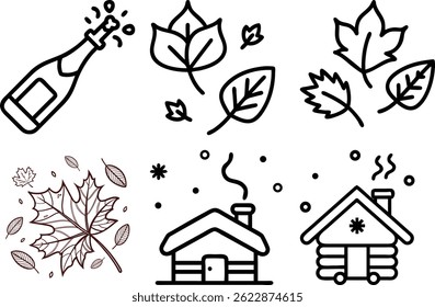 Vector illustration featuring autumn leaves, a champagne bottle, and a cozy cabin, perfect for fall-themed designs, greeting cards, and seasonal marketing materials.
