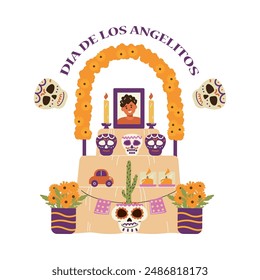 A vector illustration featuring a beautifully decorated altar with photographs of the deceased, marigold flowers, candles and holiday skulls. Traditional Day of the Dead.