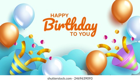 A vector illustration featuring a birthday celebration background design with paper cut clouds, balloons in various colors, and confetti. Vector Illustrator