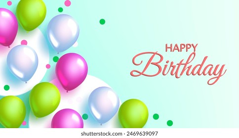A vector illustration featuring a birthday celebration background design with balloons in various colors, on a light blue background. Vector Illustration.
