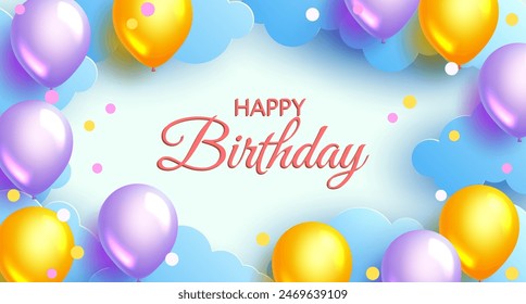 A vector illustration featuring a birthday celebration background design with paper cut clouds, balloons in various colors. Vector Illustraton.