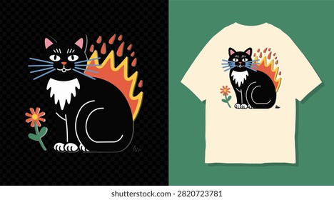 A vector illustration featuring a black cat with a white chest and blue whiskers, surrounded by stylized flames and a cheerful orange flower. The design is presented both on a transparent background and as a t-shirt mockup.