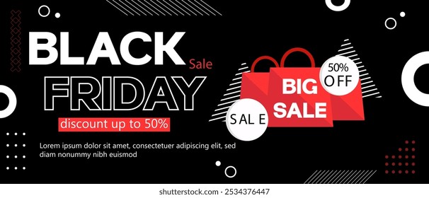 Uma ilustração Vetor com Black Friday grande venda sacos de compras com 50% off tags, enfatizando grandes descontos em um ambiente de design ousado.