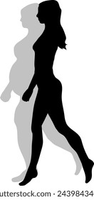 A vector illustration featuring the black silhouette of a slender athletic girl walking juxtaposed with her opposite full-bodied, unkempt shadow on a white background, symbolizing contrast and self-im