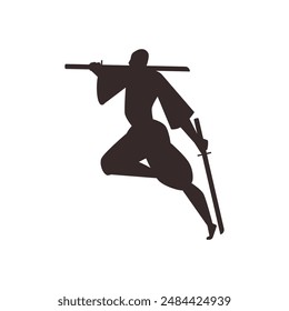 Vector illustration featuring a black silhouette of a jumping ninja. Sketch of a character in motion on an isolated background. Ideal for sports combat theme. Flat style.