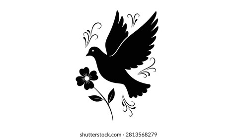 A vector illustration featuring a black silhouette of a flying dove holding a small flower with decorative flourishes surrounding the bird.