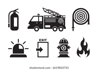 Vector illustration featuring black and white emergency icons depicting fire safety equipment and symbols, including extinguisher, fire truck, hydrant, alarm, and exit sign.