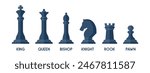Vector illustration featuring blue chess pieces with shadows and labeled names on a white background
