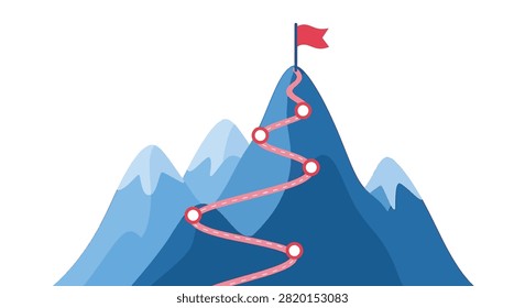 Vector illustration featuring blue mountain peaks with a winding red road path and circular waypoints leading to a red flag at the highest summit on a white background.