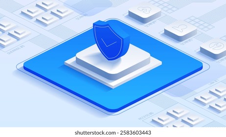 Vector illustration featuring a blue shield with a checkmark on a white platform, surrounded by circuit-like patterns and icons, representing cybersecurity and data protection in the digital realm