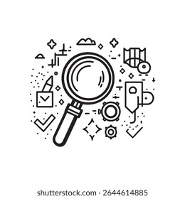 Vector illustration featuring a bold, black outlined magnifying glass surrounded by various linear symbols and icons, all against a crisp white backdrop. The style is modern and minimalist.