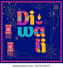 Vector illustration featuring bold colorful typography of Diwali with fireworks, lanterns, and festive lights in vibrant style.
