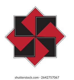 Vector illustration featuring a bold, symmetrical geometric pattern composed of alternating red and black squares arranged in a pinwheel formation. 