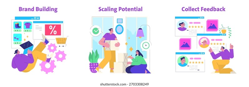 Ilustración vectorial que presenta la construcción de la marca, el potencial de escala y la recolección de Comentarios. Los personajes participan en compras en línea, empacando productos y revisando el Comentarios del Cliente.