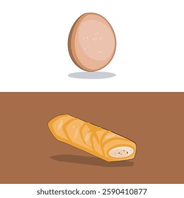 A vector illustration featuring a brown whole egg and a crispy egg roll with a visible filling. Ideal for food-related designs, breakfast themes, restaurant branding, and culinary visuals.