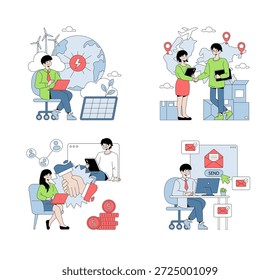 Vector illustration featuring business collaboration, remote work, and renewable energy themes. Scenes depict professionals engaged in discussions, computing, and promoting sustainable solutions.