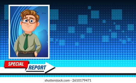 Vector illustration featuring a cartoon character in a news report setting with a blue digital background