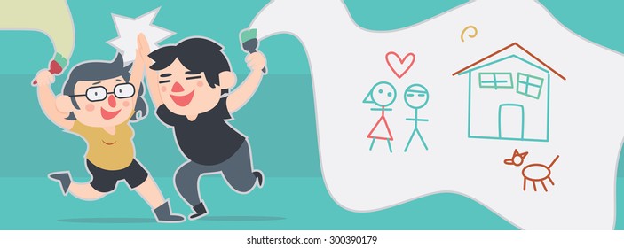 Vector illustration featuring a cartoon couple excited with a new house. One layer only.