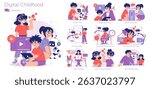 Vector illustration featuring children engaged with digital technology, including VR, tablets, coding, and AI, highlighting a modern educational experience and innovation in learning.