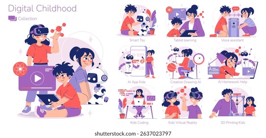 Ilustração vetorial com crianças envolvidas com tecnologia digital, incluindo RV, tablets, codificação e IA, destacando uma experiência educacional moderna e inovação na aprendizagem.