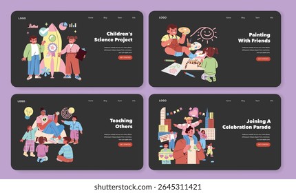 Ilustração vetorial com crianças envolvidas em um projeto científico, pintando com amigos, aprendendo em um ambiente de ensino e desfrutando de um desfile de celebração. Ênfase na criatividade e felicidade.