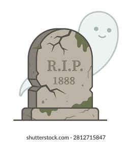 Vector illustration featuring a classic spooky ghost floating over an old, moss-covered, and cracked gravestone engraved with RIP 1888. Ideal for vintage Halloween designs, haunted cemetery concepts, and historical gothic graphic print materials